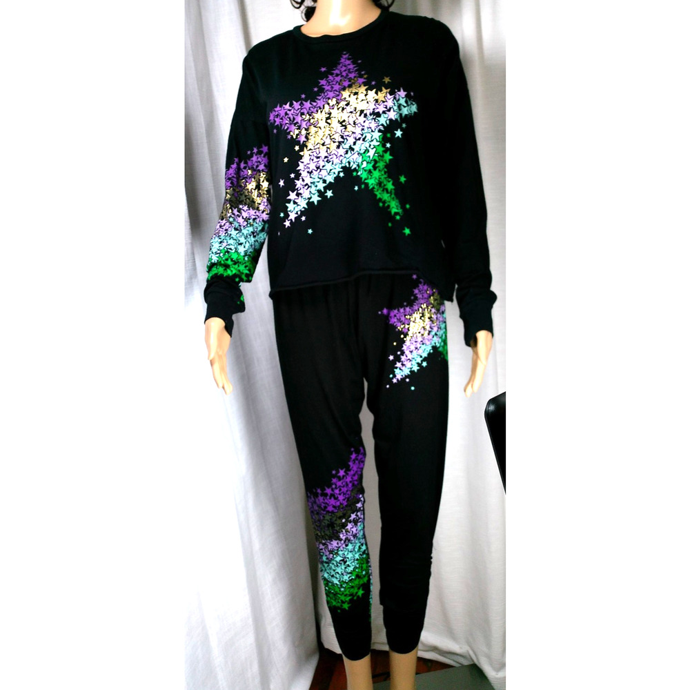 Lauren Moshi XS Black Star Print 100% Cotton Lounge Set Athleisure